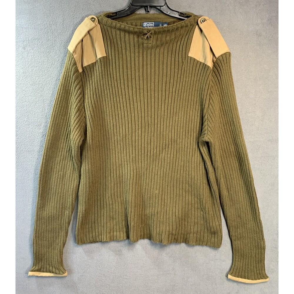 Vtg Polo Ralph Lauren Military Ribbed Commando Sweater XXL Olive Green Epaulet